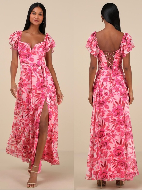 Lulus Dresses & Skirts - LULUS Floral Corset Lace Up Back Sweetheart Neck Ruffle Sleeve Fairycore Dress S